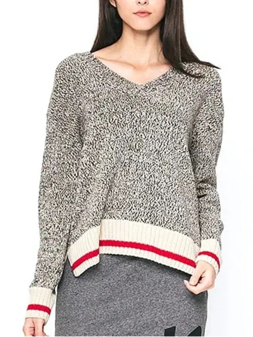 ROOTS Cabin marled knit v-neck varsity oversized sweater preppy Cottagecore